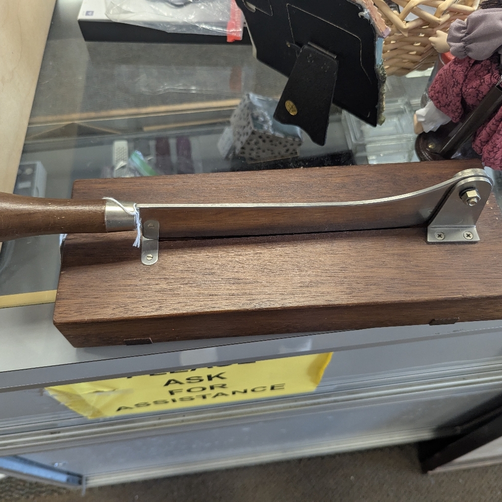 Vintage 1970 Wooden Handle and wooden base , steel knife,  French bread slicer .